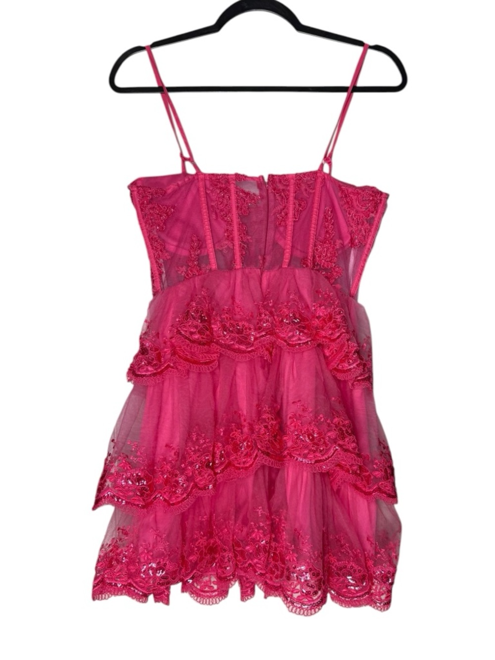 Lulus Dress Medium Tiered Lace Sequin Barbiecore Pink Corset Ruffle Party Mini - Picture 2 of 9
